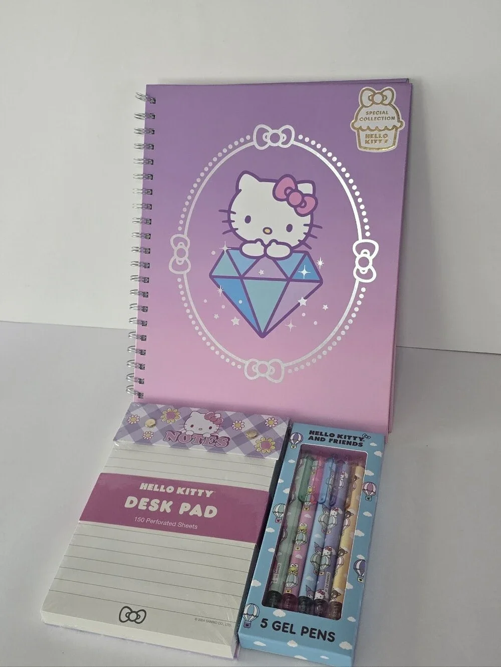 Hello Kitty Stationary  Set Purple Hardcover Notebook + Desk Pad + Gel Pen Set